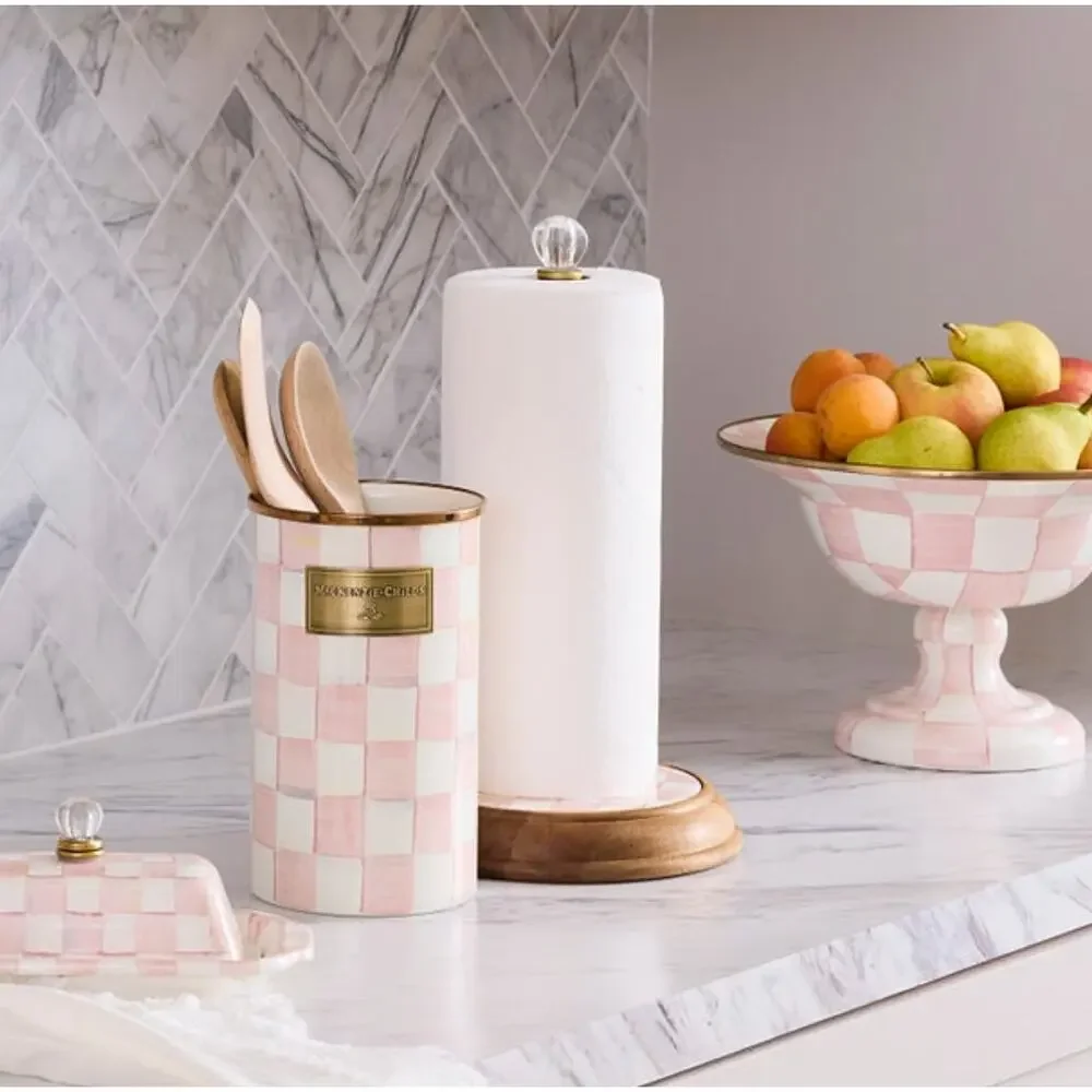 MacKenzie-Childs Rosy Check Wood Paper Towel Holder Farmhouse Kitchen New